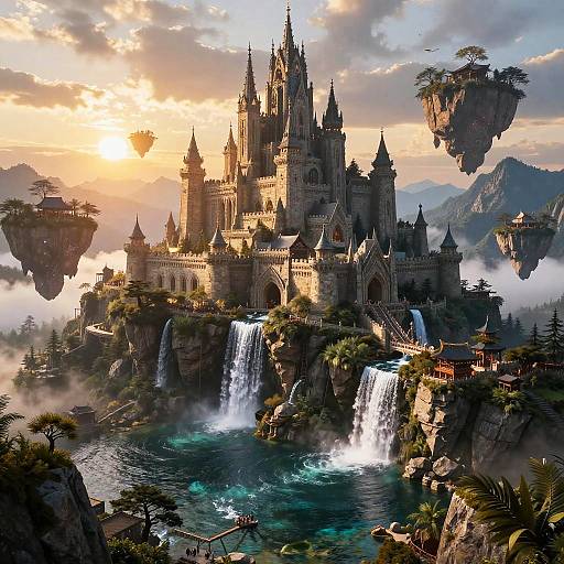 Majestic Fantasy Mountain City at Sunset