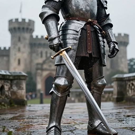 Photograph of a medieval knight in shiny silver armor, holding a sword, standing on wet cobblestones before a castle. Raindrops visible.