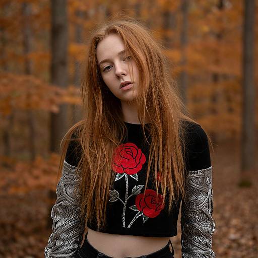 Photograph of a young, fair-skinned woman with long, red hair, wearing a black crop top with red roses and silver patterned sleeves,