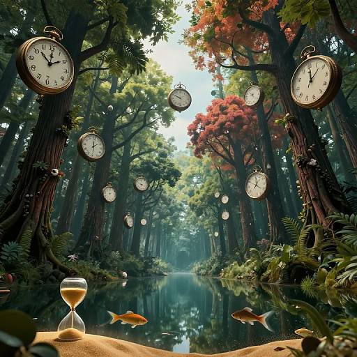 Photograph of a surreal forest with clock faces hanging among tall trees, a reflective pond, hourglass, and two orange fish.