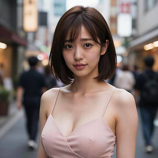 Photograph of an attractive young East Asian woman with short brown hair, wearing a pink spaghetti-strap top, standing in a busy urban street at night