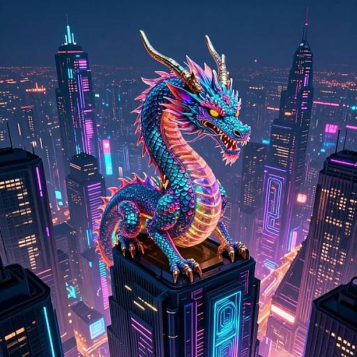 Digital artwork of a vibrant, neon-blue dragon with pink and orange scales perched on a skyscraper in a futuristic, neon-lit cityscape at