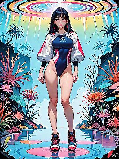 Stylish Woman in Long Sleeve Swimsuit at Night