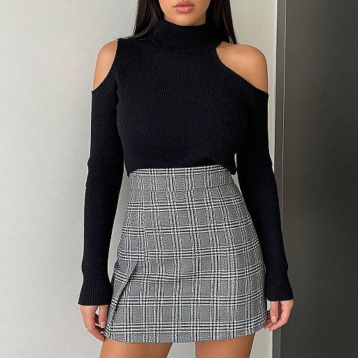 Photograph of a woman with long black hair wearing a black, ribbed, long-sleeve turtleneck with cut-out shoulders, and a