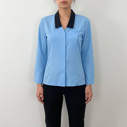 Photograph of an Asian woman with light skin, wearing a light blue blouse with a black collar, and black pants, standing against a plain white background