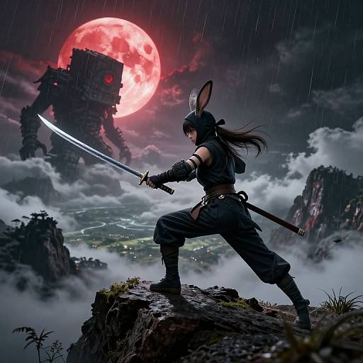 Digital fantasy artwork: anime-style warrior with rabbit ears, black outfit, and katana, stands on rocky cliff, rainstorm, red moon, dark