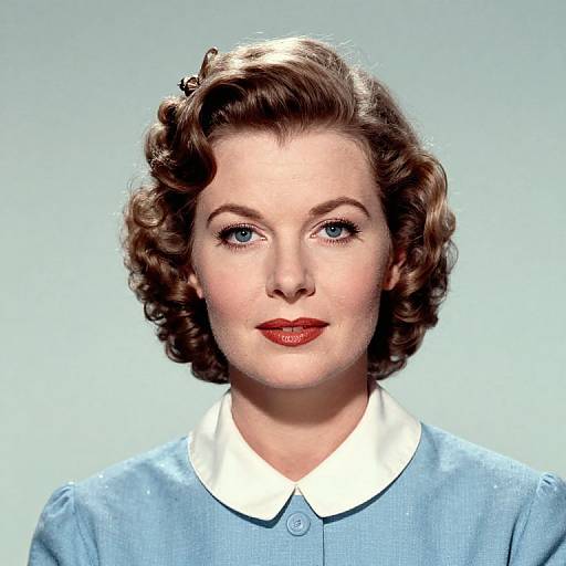 Photograph of a vintage-style woman with fair skin, blue eyes, red lipstick, short curled brown hair, wearing a blue dress with a white Peter