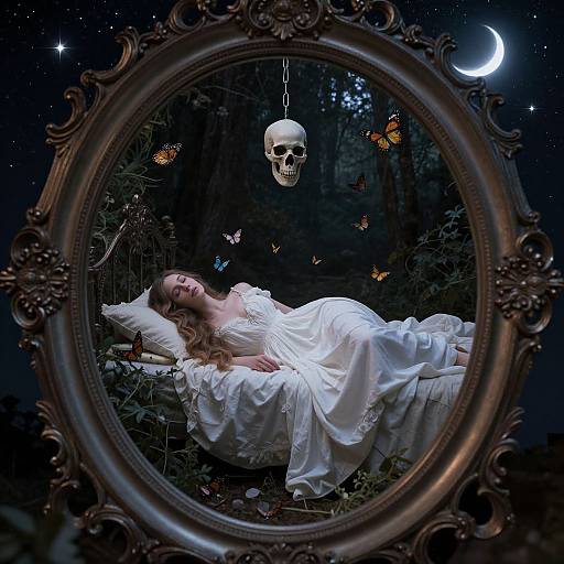 Photograph of a sleeping woman in a white dress, framed by an ornate mirror, with a hanging skull, butterflies, and a crescent moon