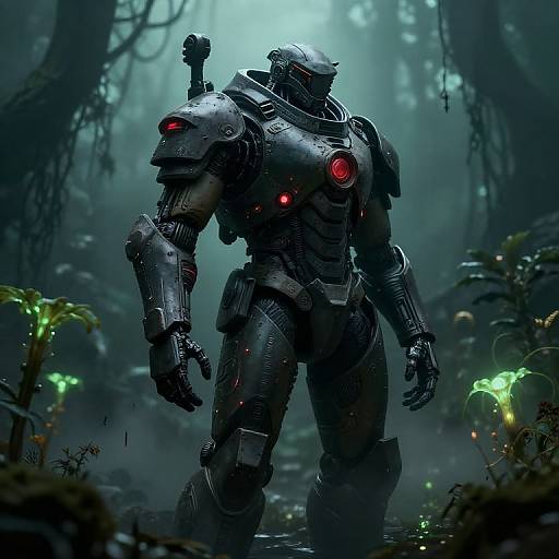 Cybernetic warrior with red glowing eyes in dark, futuristic armor stands in a misty, eerie forest illuminated by green bioluminescence.
