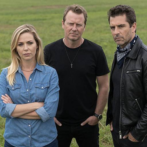 Photograph of three serious-looking adults: blonde woman in denim shirt, middle-aged man in black shirt, and dark-haired man in leather jacket, standing
