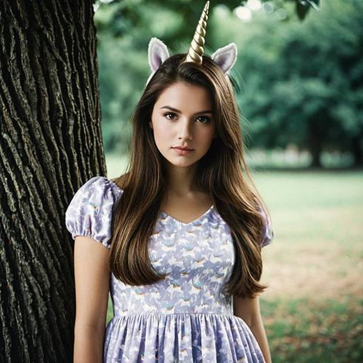 Young Woman in Unicorn Dress by Tree