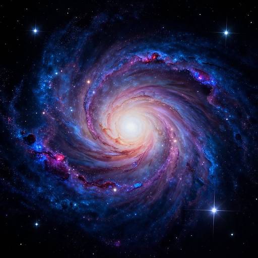 Photograph of a vibrant spiral galaxy with a bright white core, surrounded by swirling blue, purple, and pink nebulae, set against a star