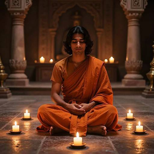 Photograph of a young Indian man with medium skin and shoulder-length black hair, meditating in orange robes, surrounded by lit candles in a dimly