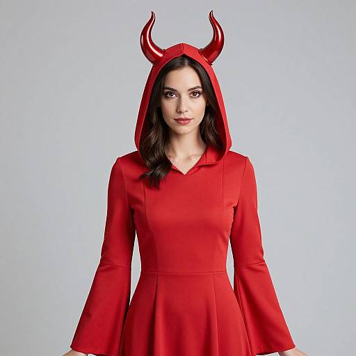 Photograph of a fair-skinned woman with dark hair, wearing a red dress and red devil horns hood, standing against a plain white background.