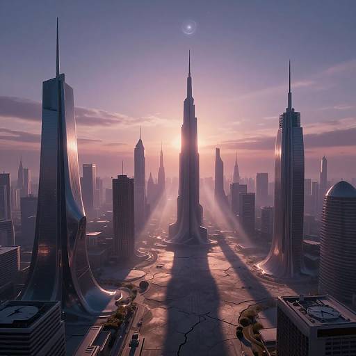 Digital artwork of a futuristic cityscape at sunset, featuring skyscrapers with sharp edges, illuminated by pink and purple light, casting long shadows over cracked
