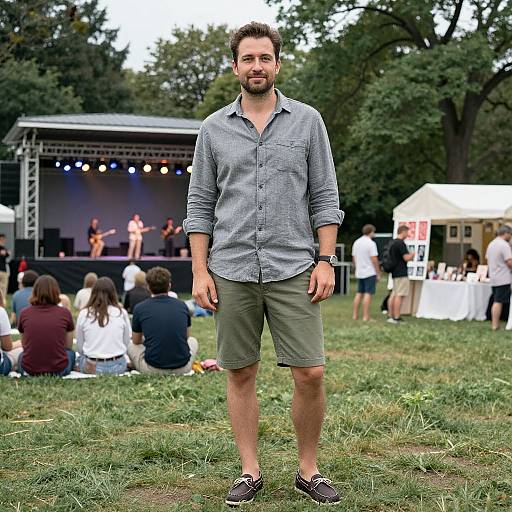 Photograph of a bearded man with short brown hair, wearing a blue button-up shirt, green shorts, and black shoes, standing on grass at