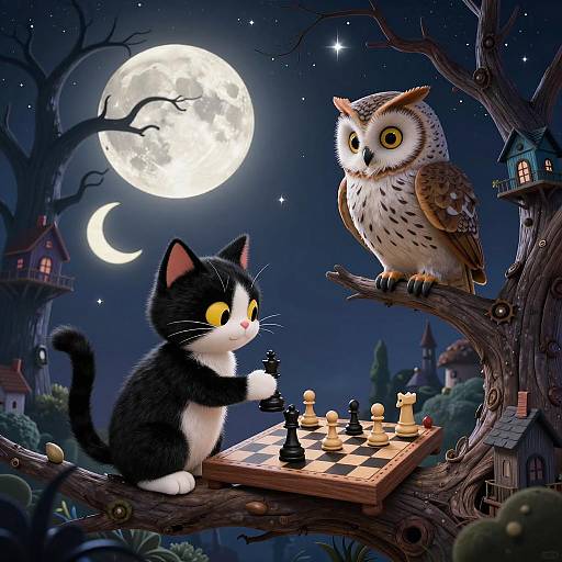 Whimsical Chess Game Under Starry Night