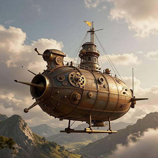 Steampunk airship with brass gears and a yellow flag, floating above mountainous landscape under a partly cloudy sky. Photorealistic CGI.