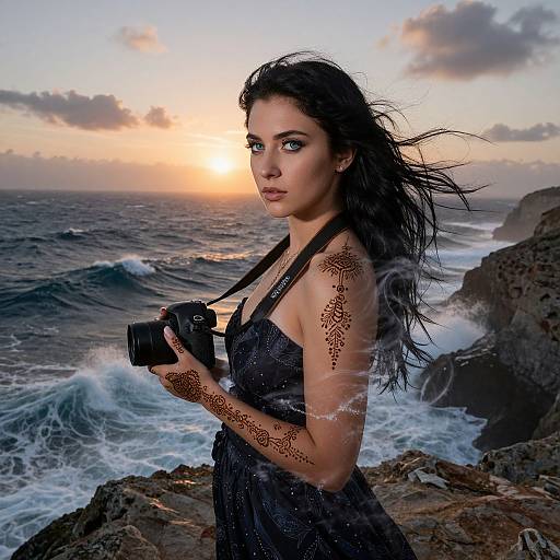 Photograph of a tattooed woman with long black hair, wearing a wet black dress, holding a camera, standing by a rocky ocean shore at sunset