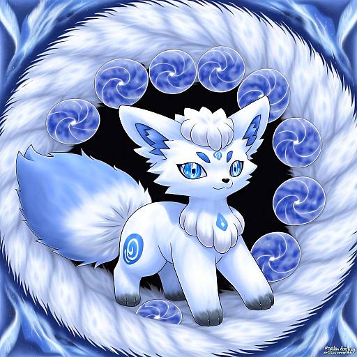 Illustration of Alolan vulpix, pokemon in the style of Kumiko shiba