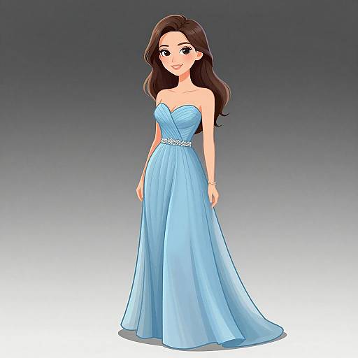 Digital illustration of a smiling young woman with long brown hair, wearing a strapless, light blue, floor-length gown with a pearl belt, standing against