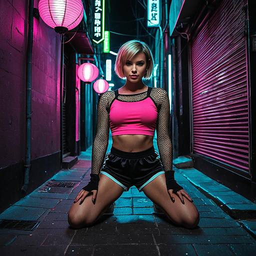 Confident Woman in Cyberpunk Neon Alley