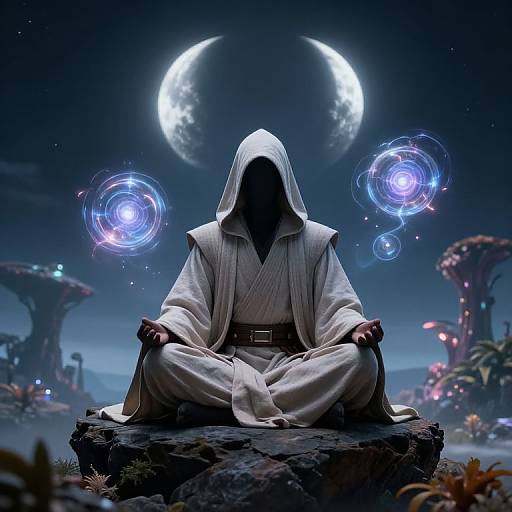 Digital artwork of a hooded figure in a white robe, meditating on a rock under a glowing moon, with blue energy orbs floating beside them in