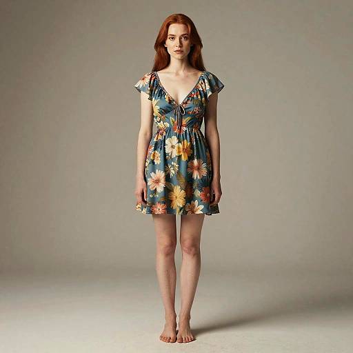 Woman in Floral Summer Dress Standing Barefoot