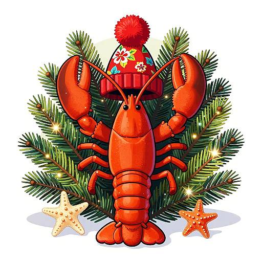 Digital illustration of a red lobster wearing a festive red hat with a pom-pom, surrounded by evergreen branches, starfish, and Christmas lights.