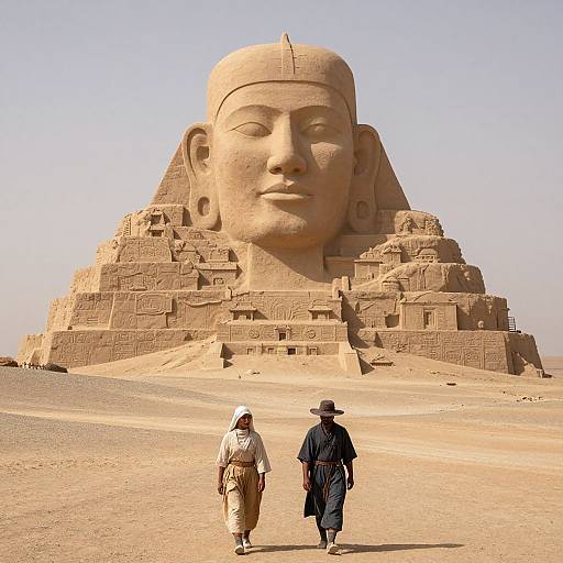 Photograph of two tourists in desert, walking towards giant sandstone Buddha head statue with intricately carved temple structure. Clear sky.