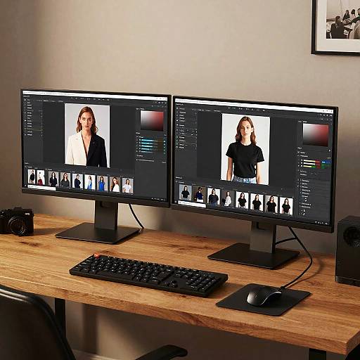 Photograph of a wooden desk with dual monitors displaying a photo editor interface, featuring two women's portraits. Black keyboard, mouse, and speakers present.