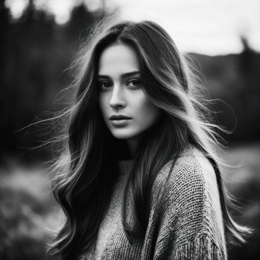 Black and White Portrait of Woman with Long Hair