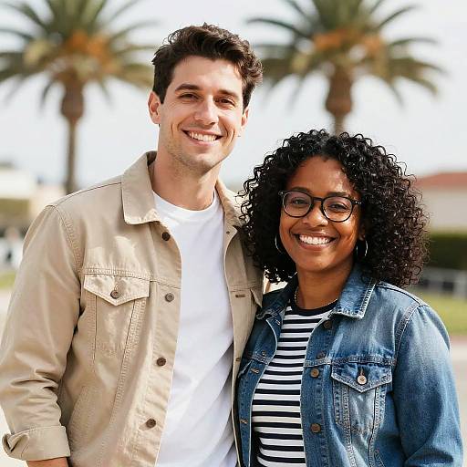 Smiling Couple Outdoors by Palm Trees
