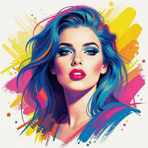 Vibrant digital portrait of a fair-skinned woman with blue-green hair, bold red lips, and intense blue eyes, set against a colorful yellow