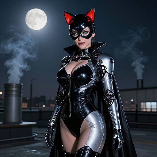 Photorealistic CGI of a woman in a shiny black and silver catwoman costume with red cat ears, under a full moon, rooftop background with steam