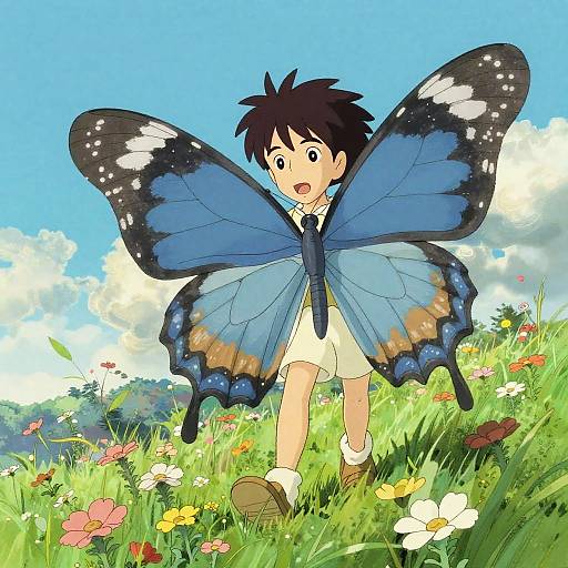 Anime-style drawing of a young boy with large blue and black butterfly wings, standing in a vibrant, flower-filled meadow under a bright blue sky.