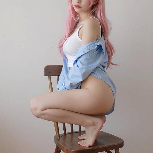 Pink-Haired Woman Squatting on Chair