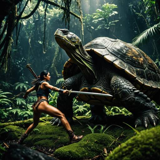 Amazon Warrior Facing Giant Jungle Turtle