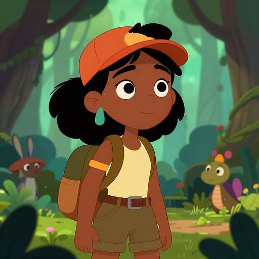Digital cartoon of a dark-skinned girl with curly black hair, wearing an orange cap, yellow tank top, brown shorts, and backpack, standing in