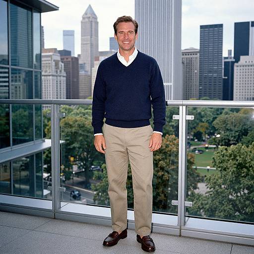 Photograph of a smiling man in a navy sweater, white shirt, beige pants, and brown shoes, standing on a glass balcony with a cityscape