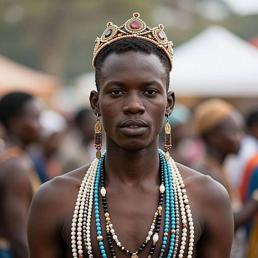 Photograph of a dark-skinned, topless African man with short hair wearing a gold and gemstone crown, multiple beaded necklaces, and