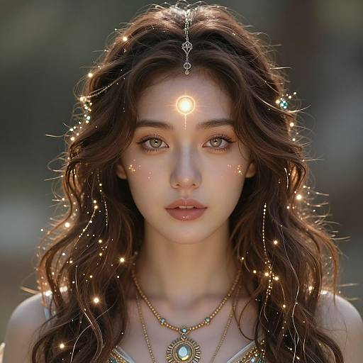 Photorealistic digital portrait of a young woman with wavy brown hair, glowing facial markings, and golden jewelry, surrounded by ethereal lights, set