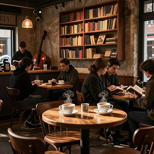 Photograph of a cozy, rustic café with wooden furniture, warm lighting, five patrons reading or chatting, and a musician in the background playing a c