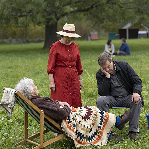 Outdoor gathering with elderly woman resting
