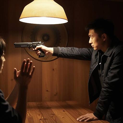 Man Pointing Gun in Dimly Lit Room