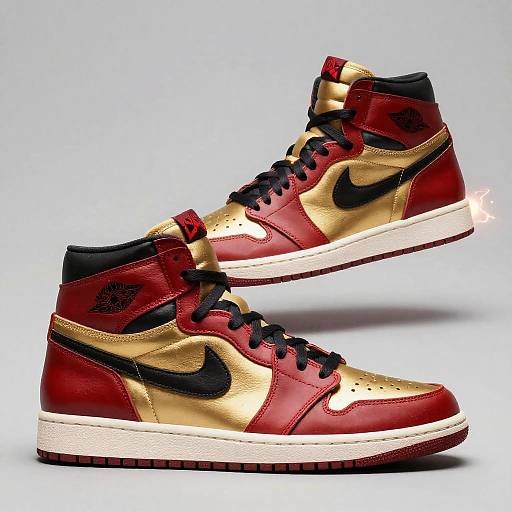 Photograph of stylish, high-top Nike sneakers with red and gold leather, black Nike swoosh, black laces, white midsole, and red