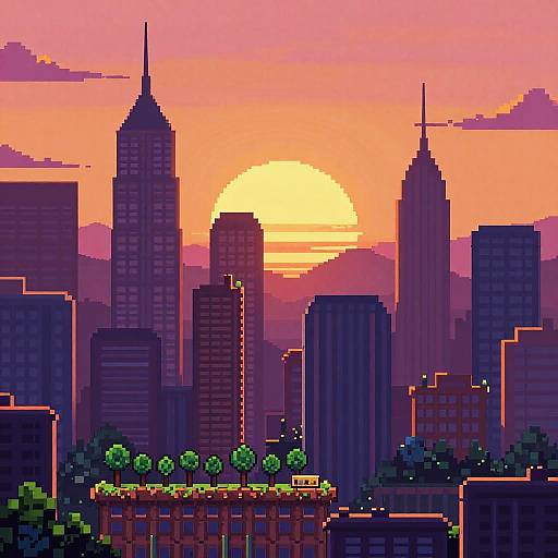 Pixel Art Realistic Cityscape Sunset