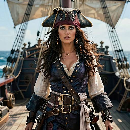 Photorealistic image of a fierce, dark-haired woman in a pirate hat and black vest with gold buttons, standing on a ship's deck with sails