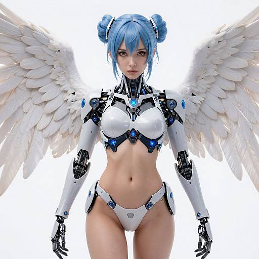 Digital CGI image of a blue-haired anime-style woman with cybernetic enhancements, white wings, and blue accents, wearing a futuristic white bikini, standing
