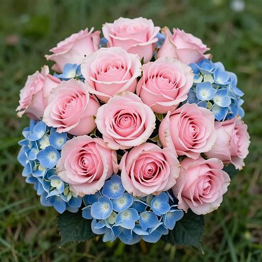 Soft Pink Roses and Blue Hydrangeas Bouquet